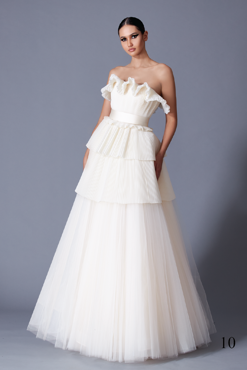 Off White Pleated and Draped Blouse & Pleated Layer Skirt