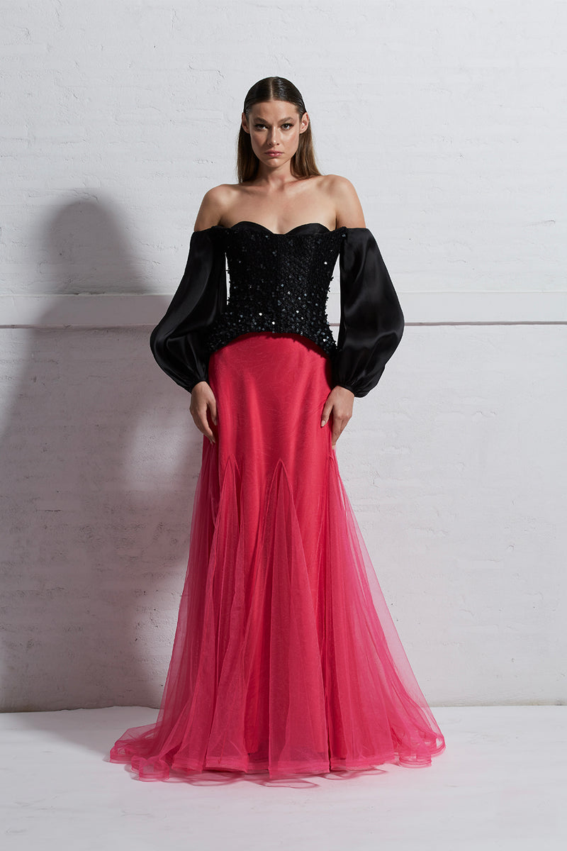 Off the shoulder Puffed sleeves Top with Godet Skirt