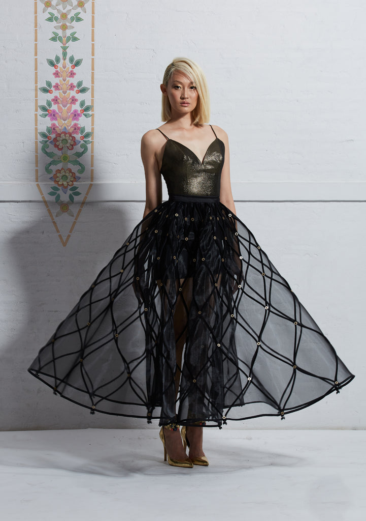 Lame Spaghetti Straps Top with Mesh Circular Skirt