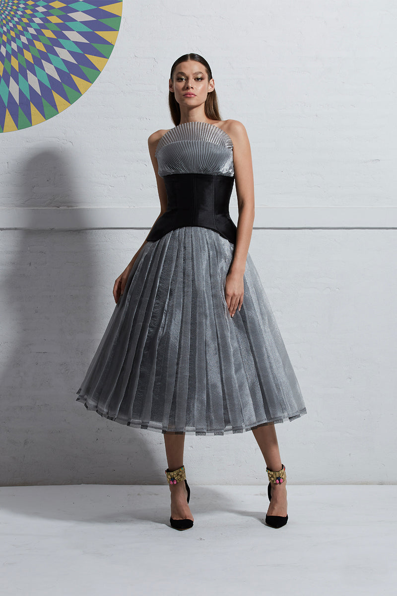 Fan Shape Pleated Lame Bustier and Hand-pleated Skirt