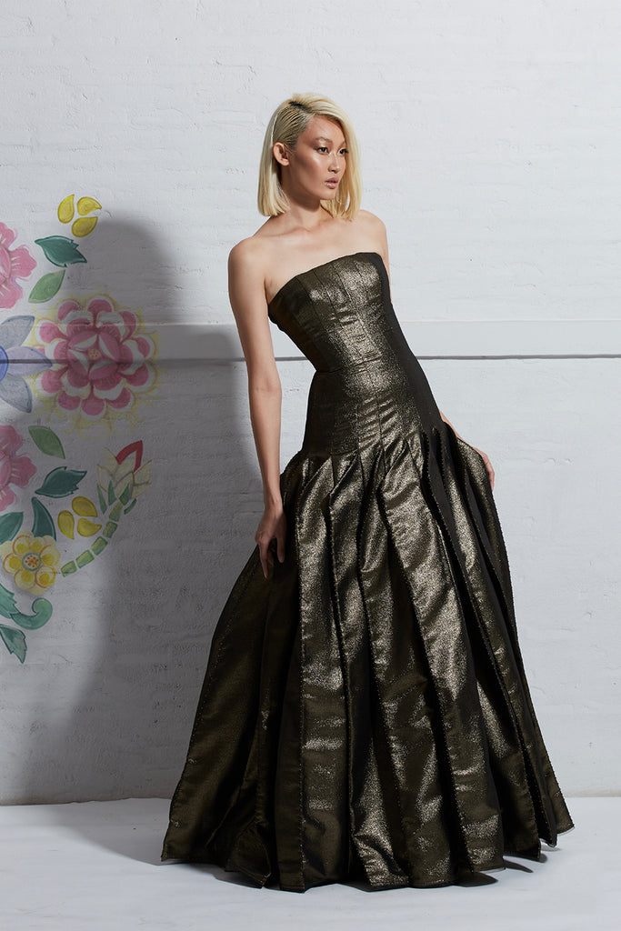 Rustic Gold Metallic Lamé Dress with Geometric Pattern