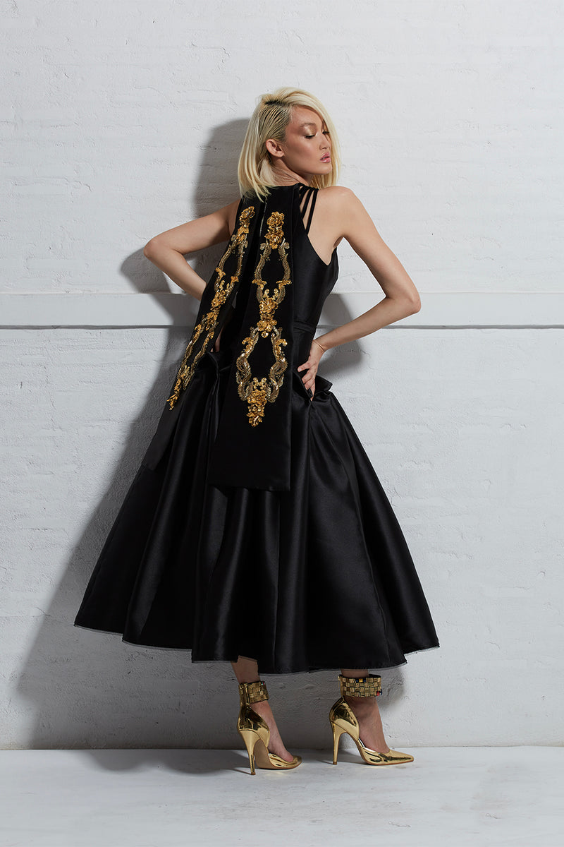 Halter Top with with Gold Embroidered Tails and Draped Panel Skirt