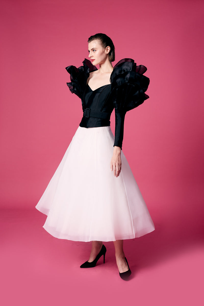 14.	Black ruffle top and White organza skirt