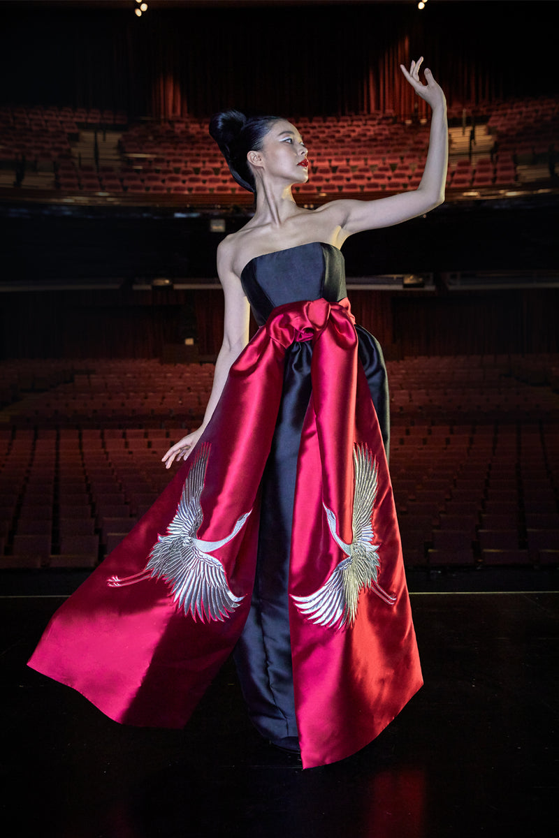 Floor Length Dress with Long Obi Belt Embellished with Japanese Crane