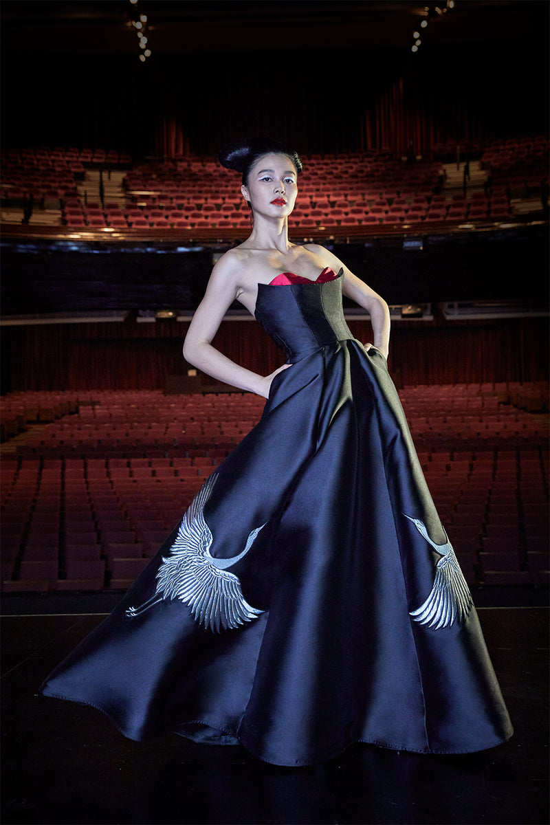 Floor Length Dress with Japanese Silver Cranes Embroidery