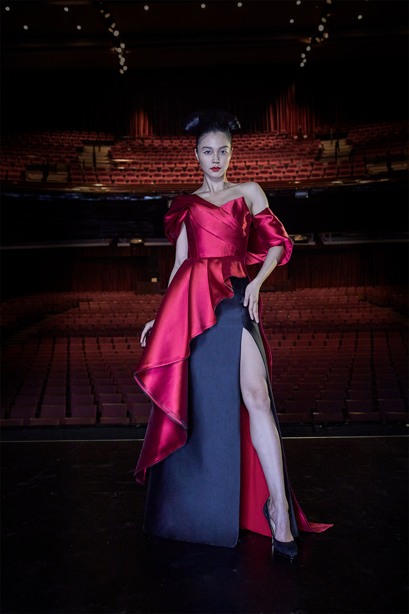 Blouse with Asymmetric Tail & Slit Skirt