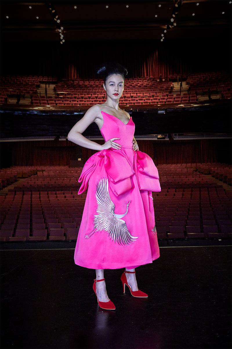 Bow-detail Midi Dress with Silver Cranes Embroidery