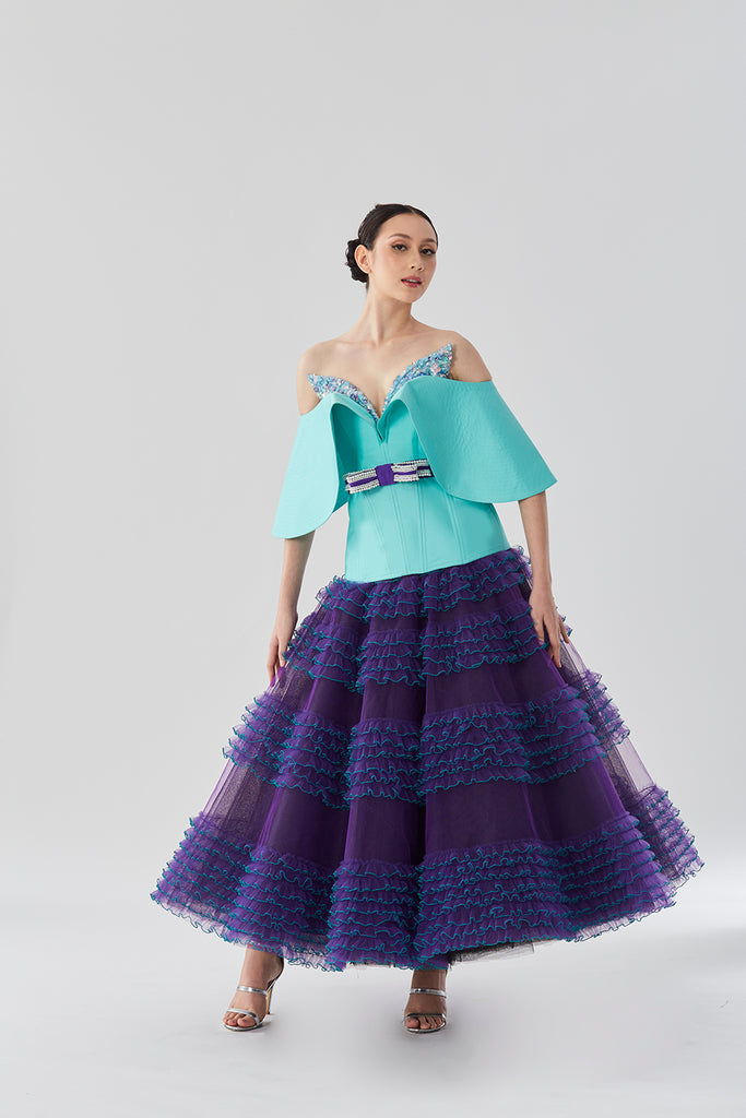 Off-shoulder Top with Sequins Embellishment and Ruffle-trimmed Tulle Skirt