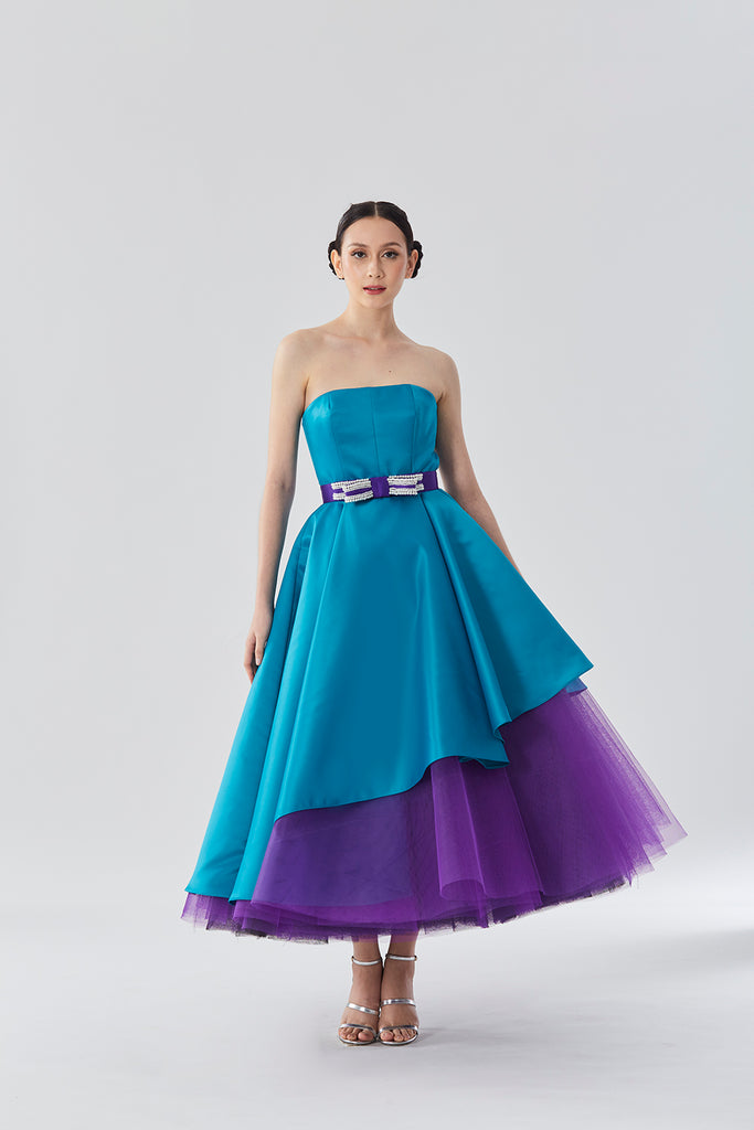 Asymmetrical Strapless Cocktail Dress with Tulle Underskirt