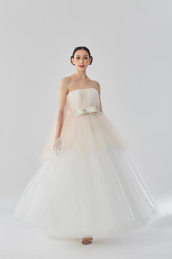 Cape-effect Pleated Tulle Dress