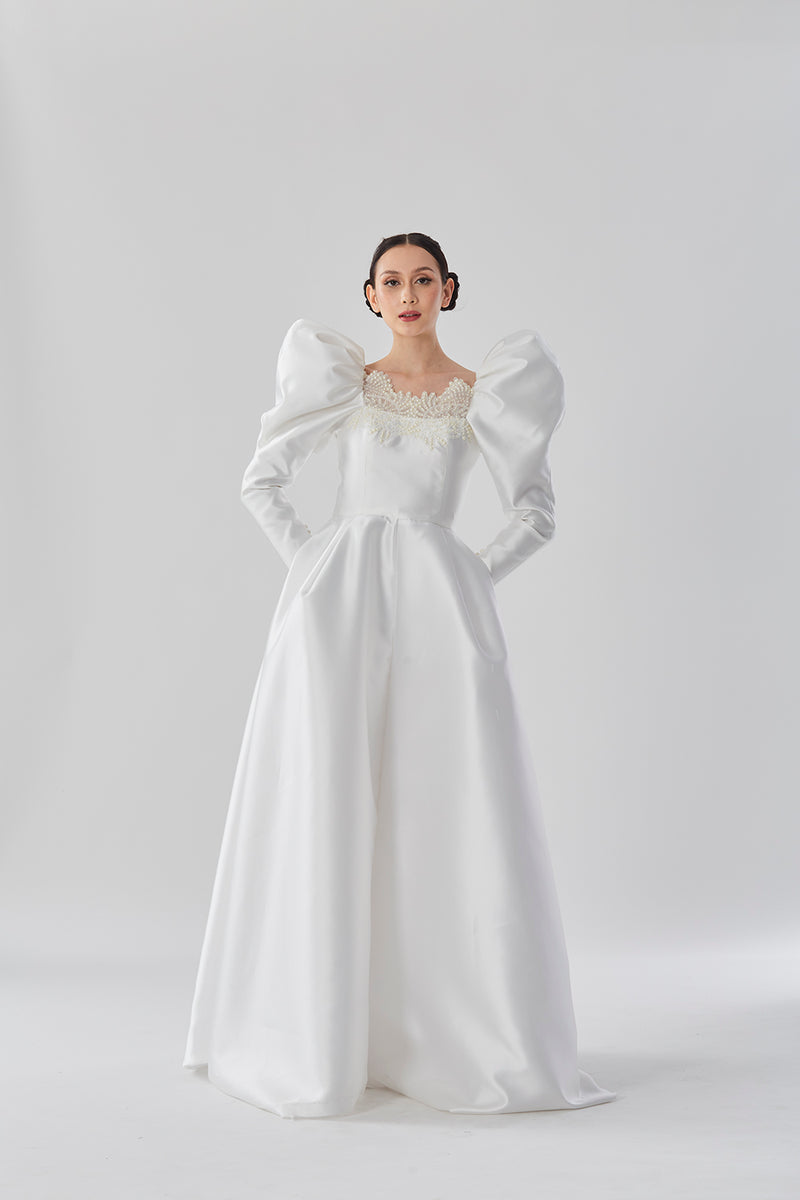 Victorian Sleeves Dress with Pearl and Lace Embellished Neckline