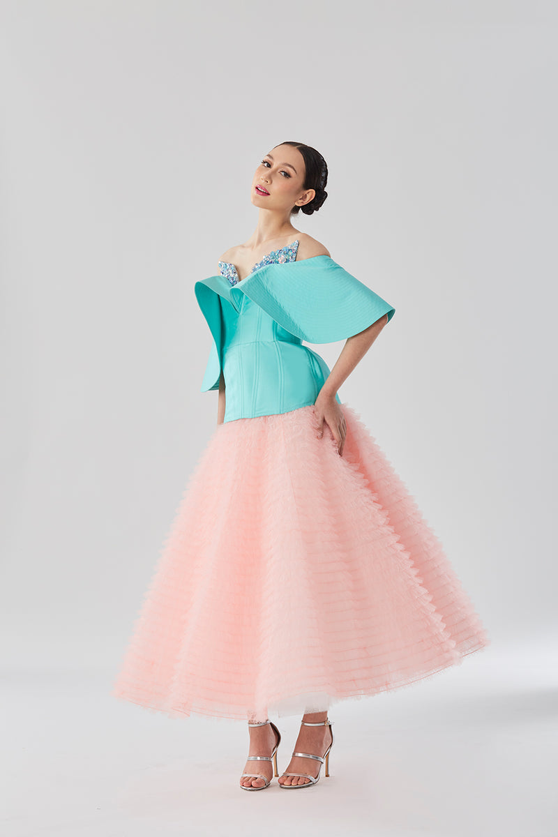 Off-Shoulder Top with Sequins Embellished Detail and Ruffled Tulle Skirt