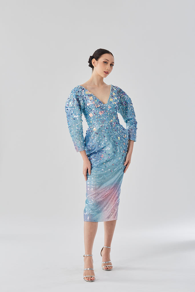 Cosmic Printed Sequins Dress with Hologram Flowers Embellishment